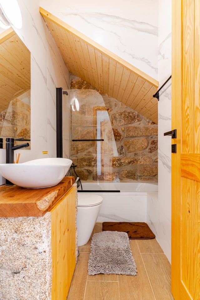 Rustic stone bathroom interior at Casa do Sol, Northern Portugal