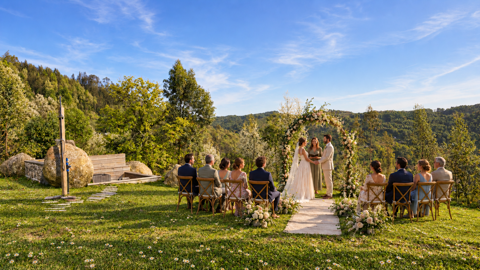 Garten der Casa do Sol mit Bestuhlung für eine Zeremonie im Freien