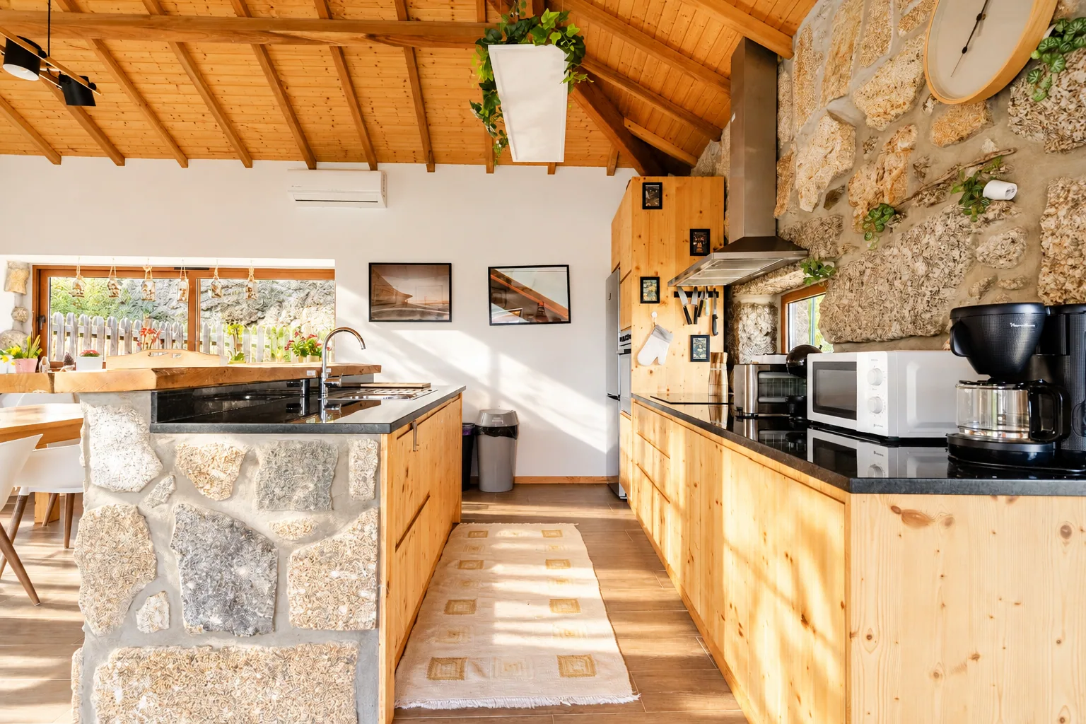 Modern kitchen interior with wooden cabinets and stone island